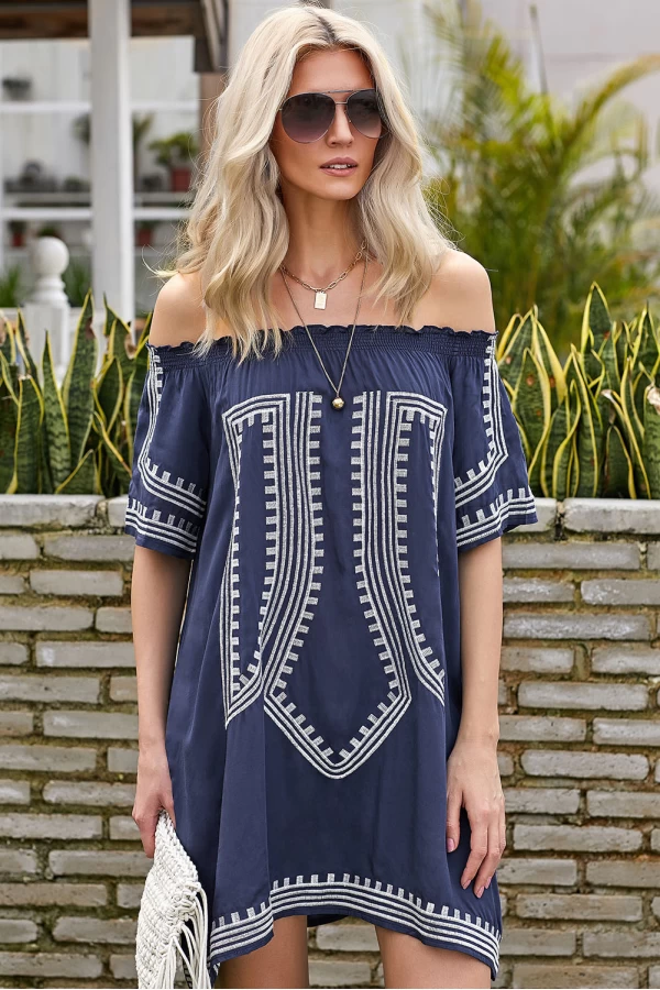 Blue Bohemian Vibe Printed Off The Shoulder Cover Up Dress 